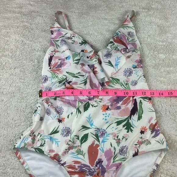 LC Lauren Conrad flirty ruffle floral print one piece swimsuit, med - Picture 4 of 8